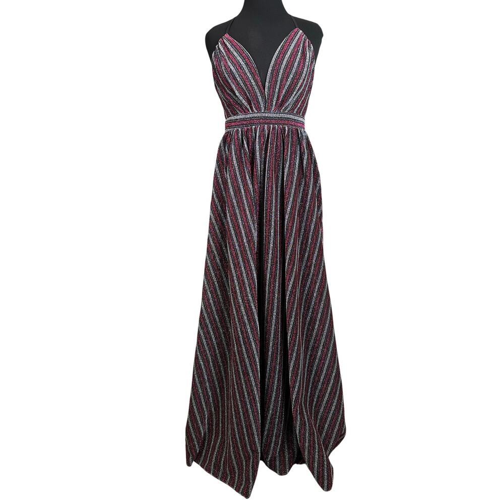 Entro NWT Women’s Metallic Striped V Neck Adjustable Strap Maxi Dress size Small